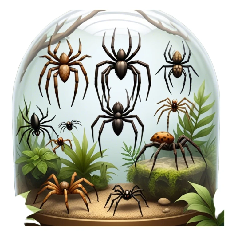 Collage of various spiders, including tarantulas and other exotic species, inside a  terrarium with webs and natural décor. Close-up shots of their intricate legs, eyes, and fuzzy bodies. Soft lighting, transparent background. sticker