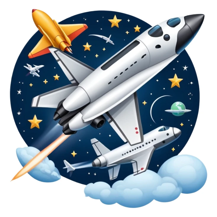 An icon featuring a space shuttle, a drone, and an airplane against a starry sky, symbolizing aerospace technology. The design includes rocket boosters and satellite orbits, representing the exploration of space and advanced aviation. Transparent background sticker