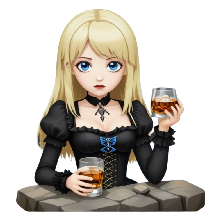 drunken misa from deathnote, blue eyes, gothic outfit, whiskey on the rocks sticker