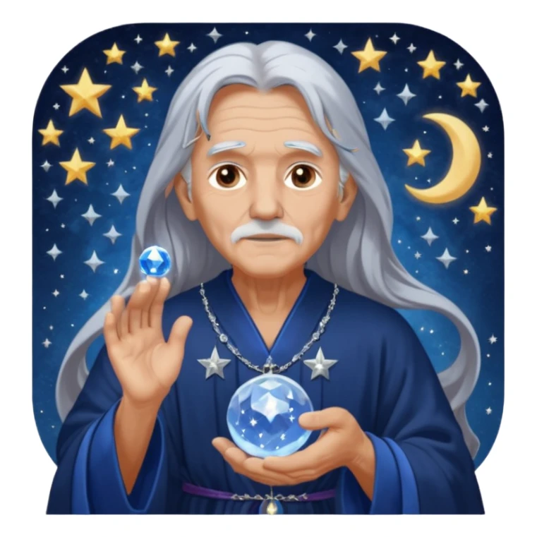 The Dream Interpreter will be depicted as an elderly figure with long, silver hair and a piercing gaze.  He will be dressed in a long, dark blue robe, decorated with embroidered stars and moons.  🌟 He will hold a crystal ball 🔮 in his hand, in which hazy images of dreams can be seen sticker