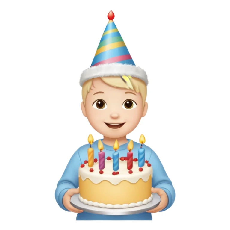 cute baby wearing birthday hat with birthday cake sticker