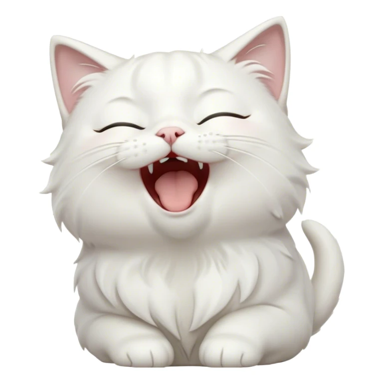 Cinematic Cute Yawning White Cat Portrait Emoji, Head gently tilted with an endearing, wide-open yawn and softly closed eyes, showcasing a pristine white fur with delicate hints of silver, simplified yet irresistibly adorable, highly detailed, glowing with a tender, cozy radiance, high shine, exuding sleepy charm and gentle affection, styled with a soft glowing outline, capturing the essence of a white cat caught mid-yawn, radiating pure, adorable lethargy! sticker
