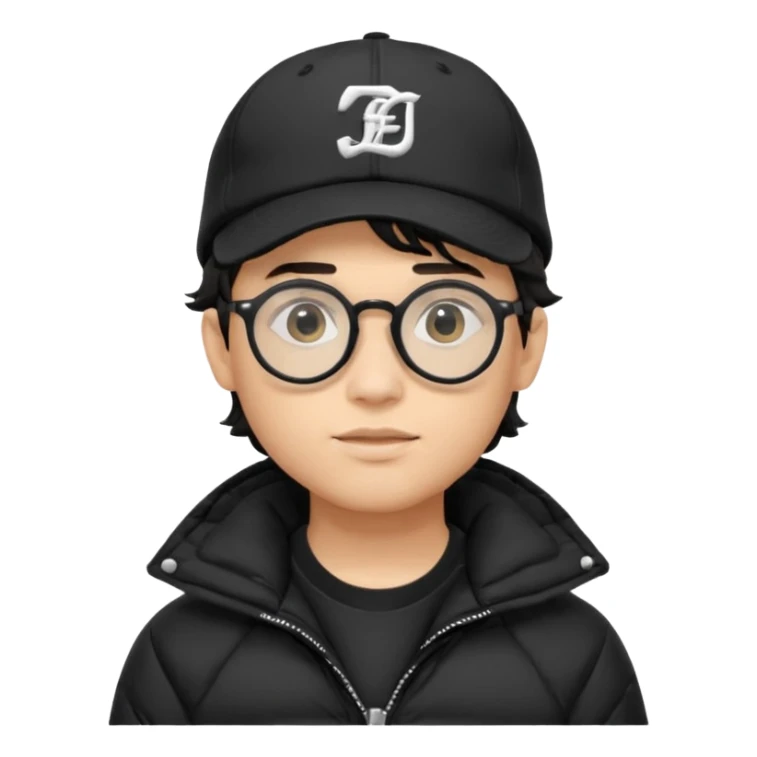 Young man wearing a black puffer jacket, black baseball cap with a small logo, round black glasses, wavy hair peeking out from under the  sticker