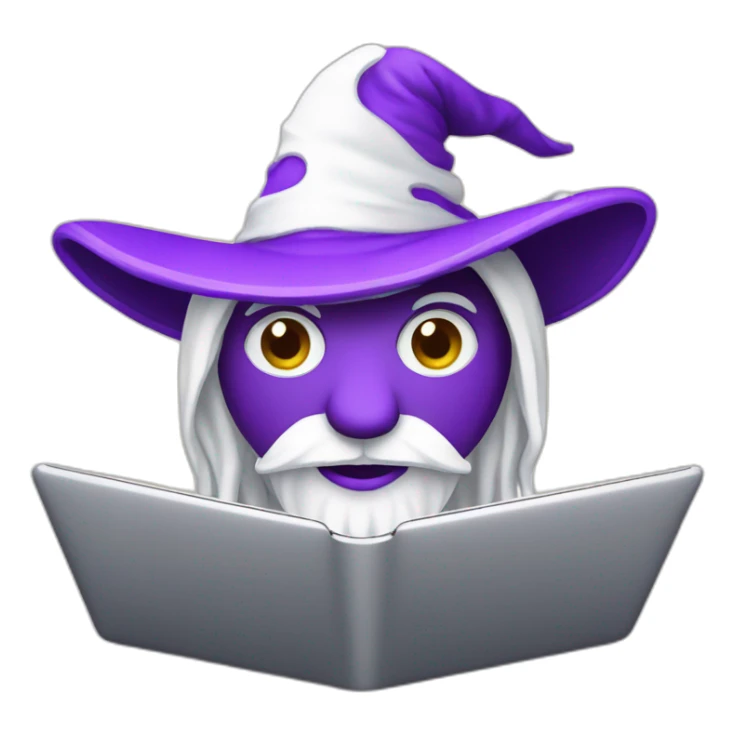 white magician with a purple magic hat working on a macbook sticker