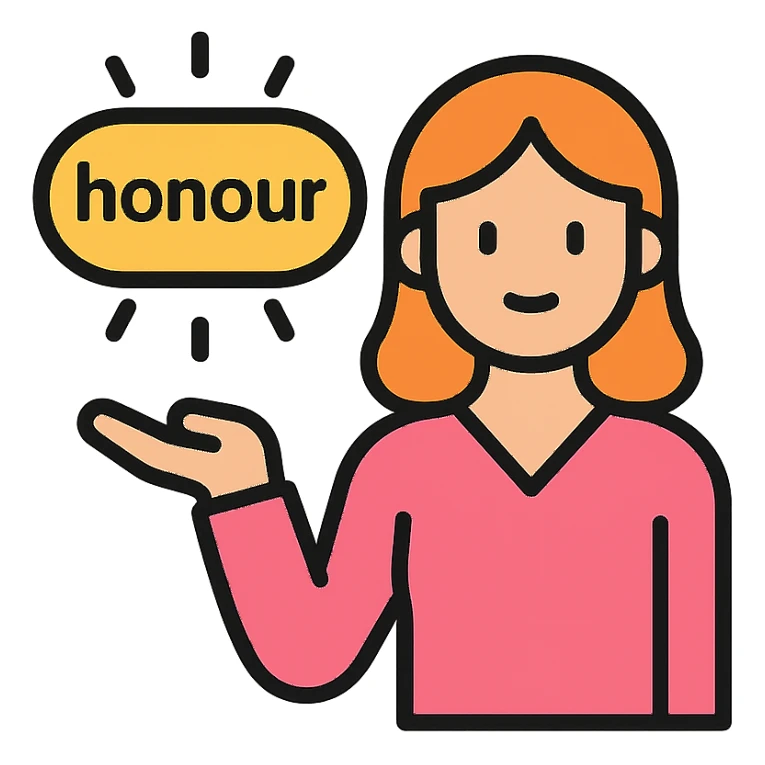 a woman presenting the word 'honour' as a glowing object, clean flat icon style sticker
