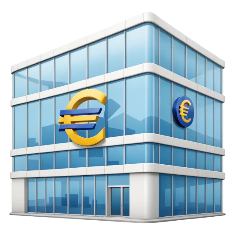 a white bank building with a large euro logo on it sticker
