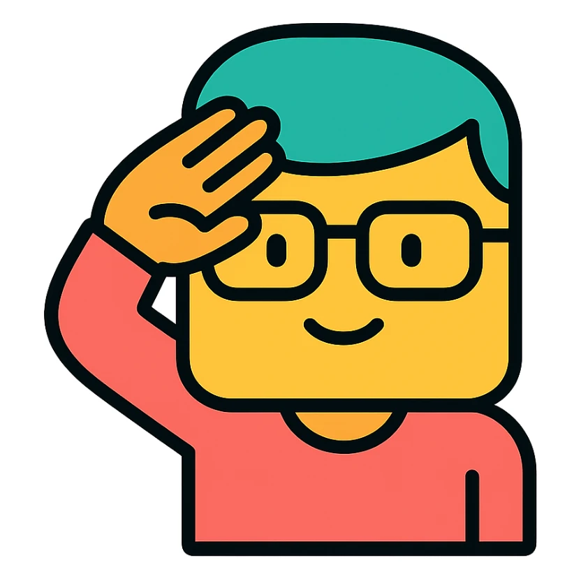 square face wearing glasses saluting, colorful outline icon style, bright colors sticker