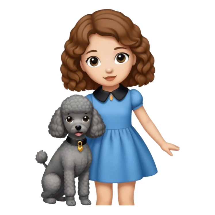 A girl with caramel brown hair holding a grey poodle sticker