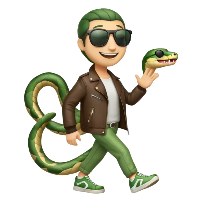 friendly anthropomorphised snake in sunglasses, jacket and sneakers, walking with a smile sticker