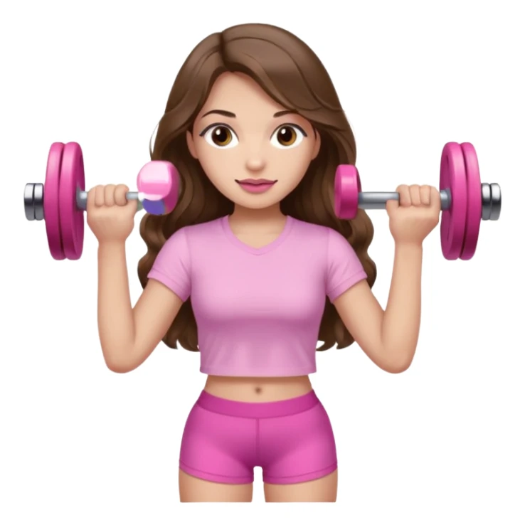 girl with wavy long brown hair, brown eyes, light to medium complexion, long lashes, light pink lipstick, wearing light pink shirt, lifting a pink dumbbells in a shorts top sticker