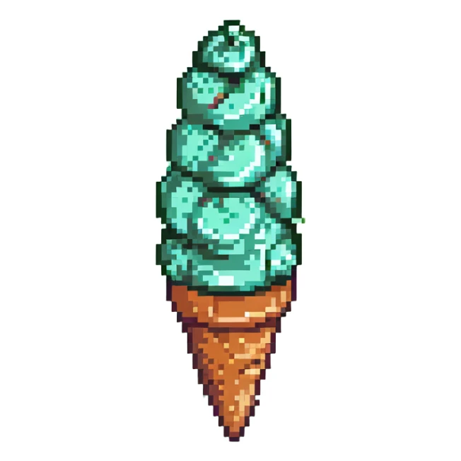 mint ice cream cone with rounded cone, light green ice cream scoop, mint details, pixel art style sticker