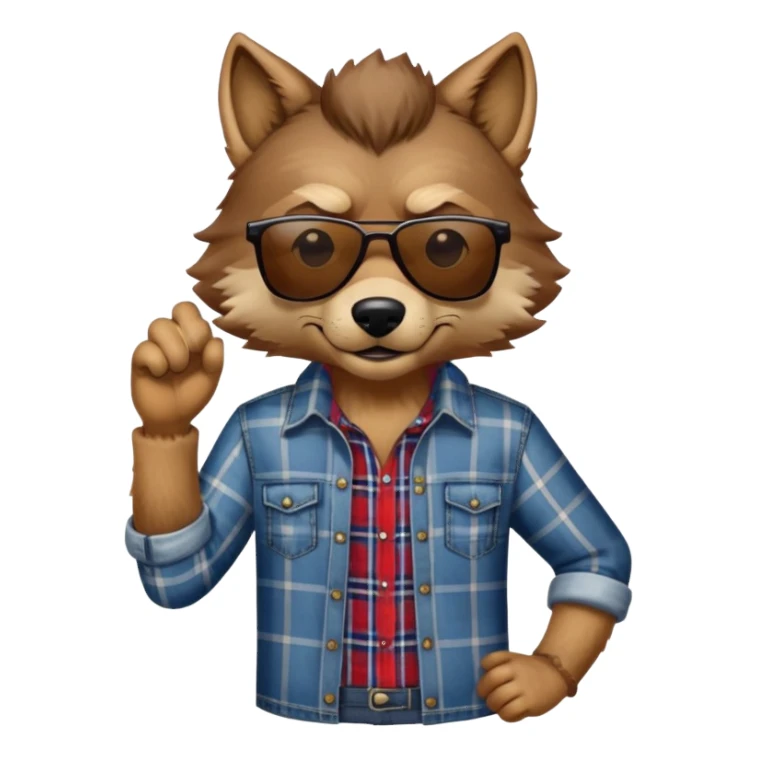 head and shoulders friendly brown-furred anthropomorphised wolf in plaid shirt and jeans, wearing dark sunglasses, upright pose sticker