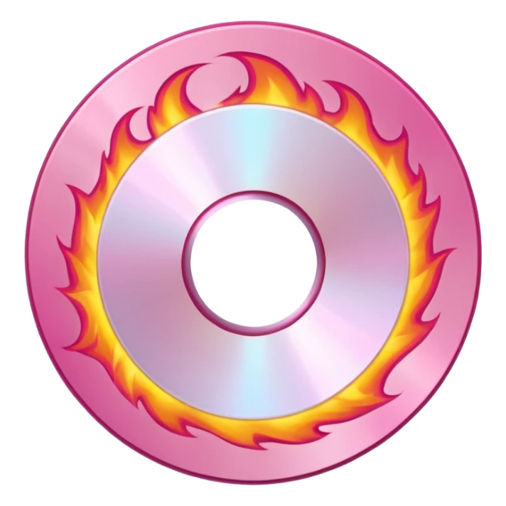 A minimalist CD disc with a subtle fire design, pink and white flames, with a circle in the middle and a hole in the center sticker