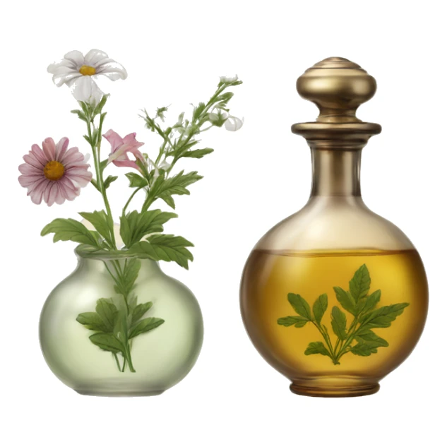 Two Antique oil perfume bottles with herbal and flowers sticker