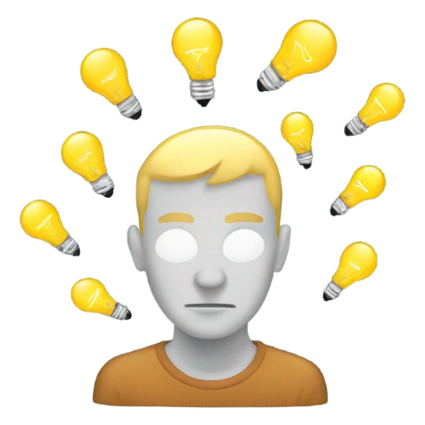 Create an emoji of a person deep in thought, with a pondering expression, as if working on an idea. Small light bulbs float around the head, symbolizing brainstorming and the emergence of creative thoughts. sticker