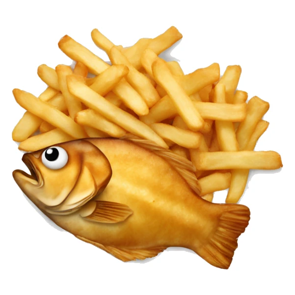 fried fish and chips on a plate with no eyes and no real fish sticker