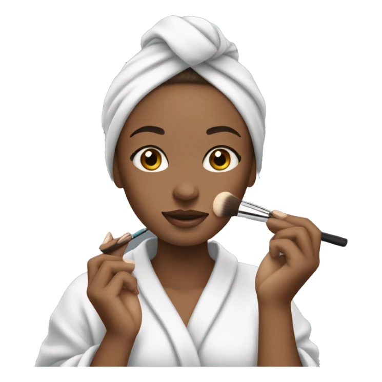 white-skinned girl with a towel on her head in a gray robe doing makeup sticker