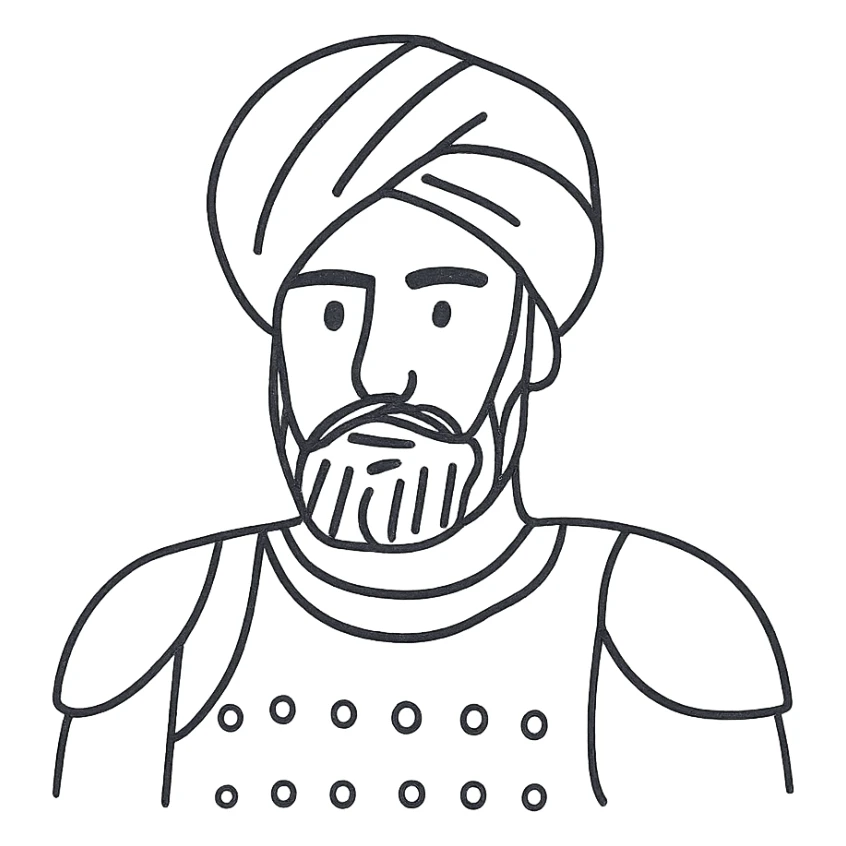indian man with turban and body armor, hand drawn black outline sticker