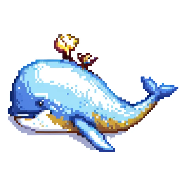 Magic whale, pixel art style, gold and silver colors sticker