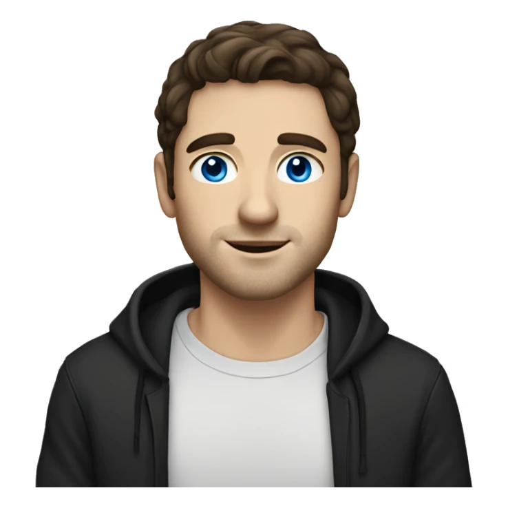 white guy with dark brown hair and blue eyes and black hoodie sticker