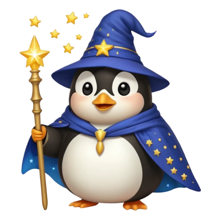 chubby penguin wizard with a starry cloak and a glowing wand, emoji style sticker