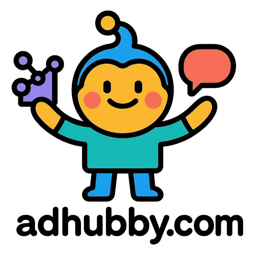 playful mascot logo for adhubby.com, creative multi-agent agency, fun character representing collaboration and tech, vibrant colors, modern and friendly, suitable for small businesses sticker