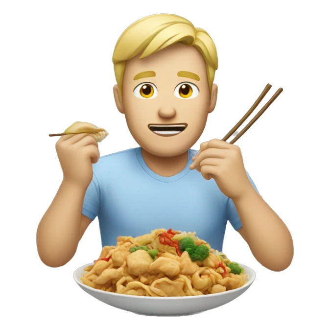 Blonde man eating Chinese food sticker