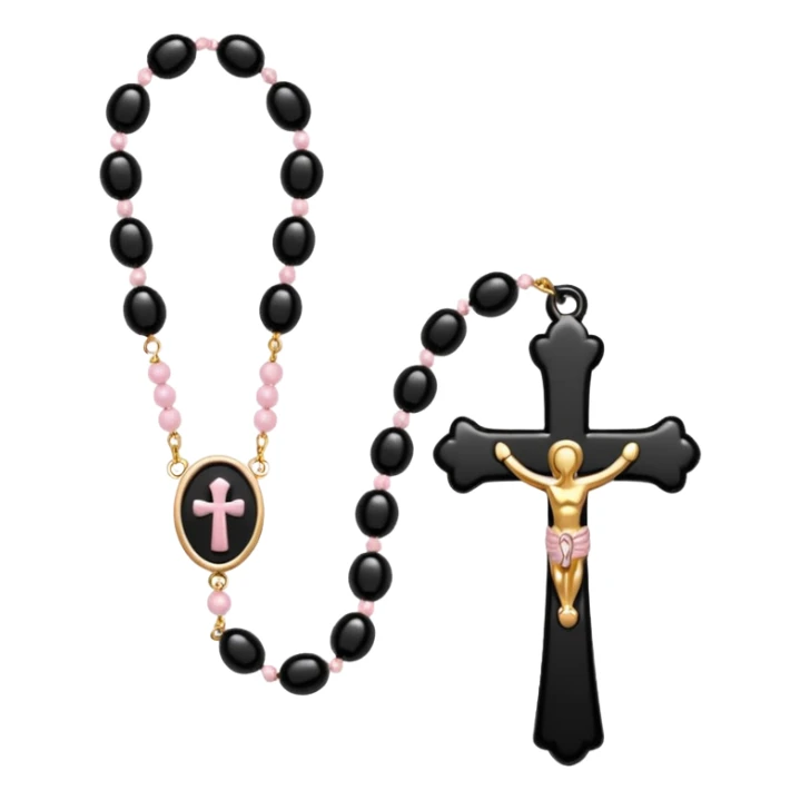 Black beaded rosary necklace with light pink ankh pendant sticker