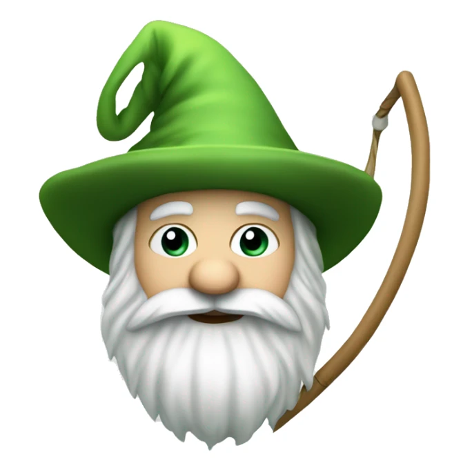 a green gnome with a white beard a green hat and a landing net in the left hand sticker