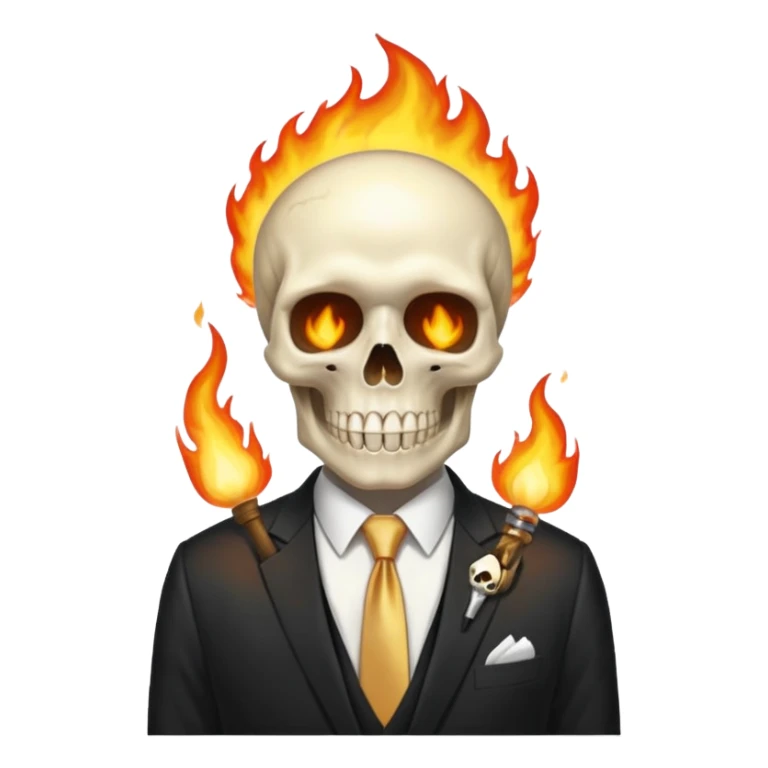 aesthetic shiny glowing divine lighting - Megadeth icon - a politician in an ivory ethereal suit wears a white tie, has a skull instead of a head, and instead of glasses, burns in fire sticker