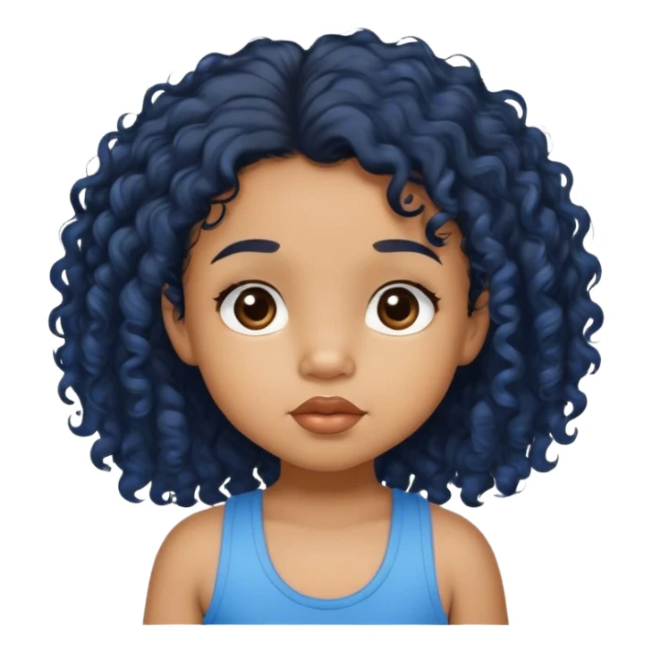 light brown skin tone, very adorable toddler, with big plump lips, long long lashes, black curly hair, middle hair parting, brown eyes, blue tank top sticker