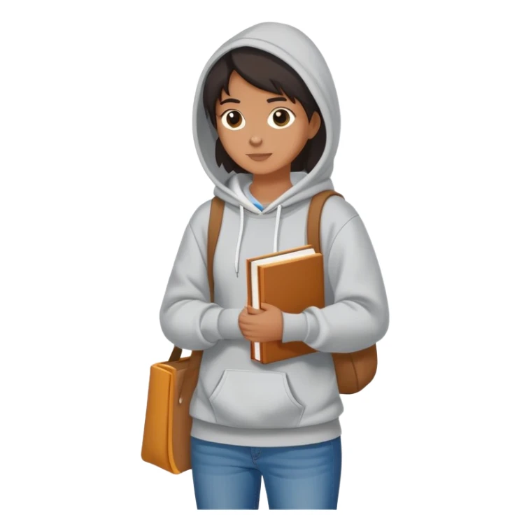 A flat-style illustration of a college student casually with a tote bag over the shoulder and a book in one hand. The student wears a hoodie, jeans, and sneakers. Clean cartoon style, white background, iOS emoji aesthetic. sticker