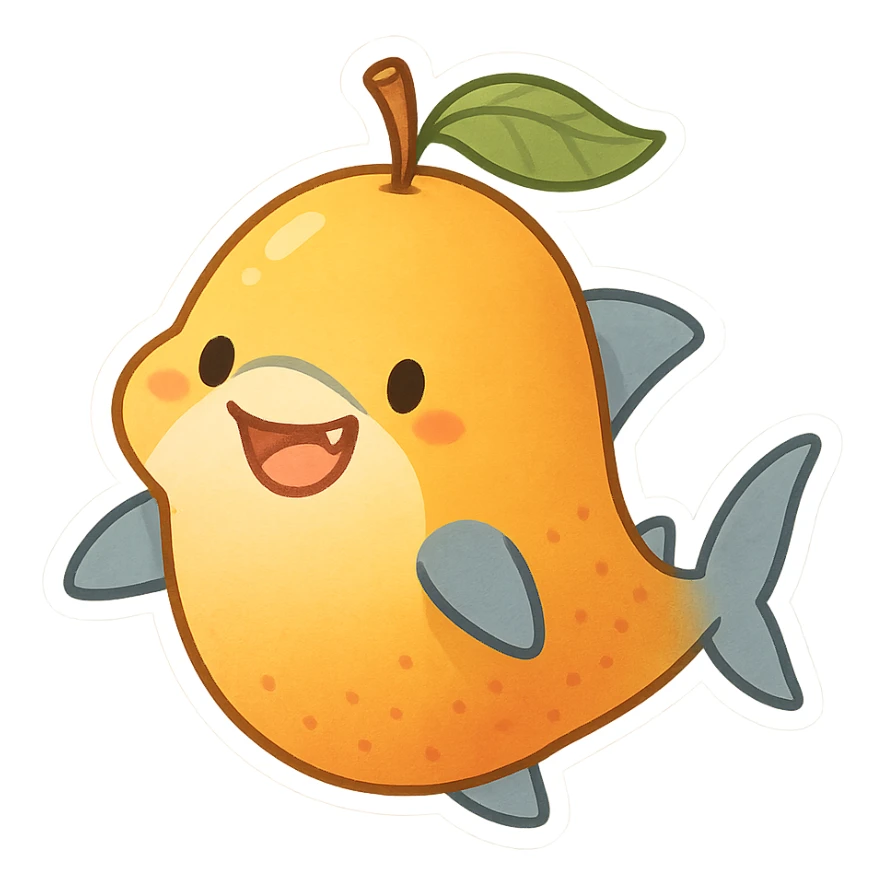 a whimsical and fun mango and shark hybrid, cartoon style sticker