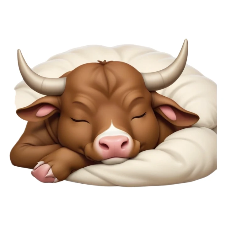 meme-worthy-cute-sleeping-domestic-bull-portrait-emoji,-head-resting-peacefully-with-a-contented-smile,-showcasing-a-robust,-muscular-build-and-a-luxuriously-soft-coat,-eyes-gently-closed-in-serene,-restful-slumber,-simplified,-solid-brown sticker