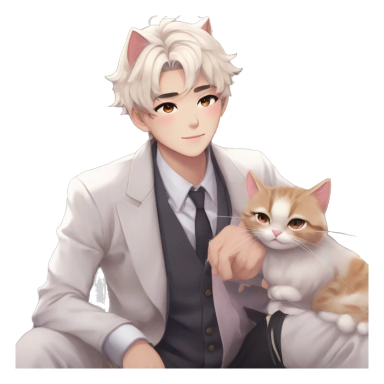Gorgeous romantic anime style Asian formal modern gentlemanly guy with cat ears and flowers and blushing face aesthetic trending style outside sticker