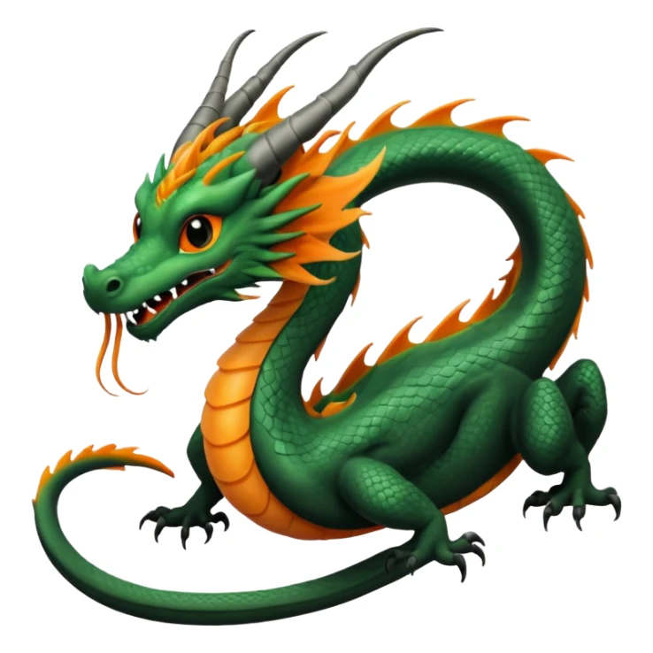 Black, green, orange, grey, Asian Imperial floating noodle-dragon, with black sclera, long mane, long whiskers, long tail, gliding flying, no wings sticker
