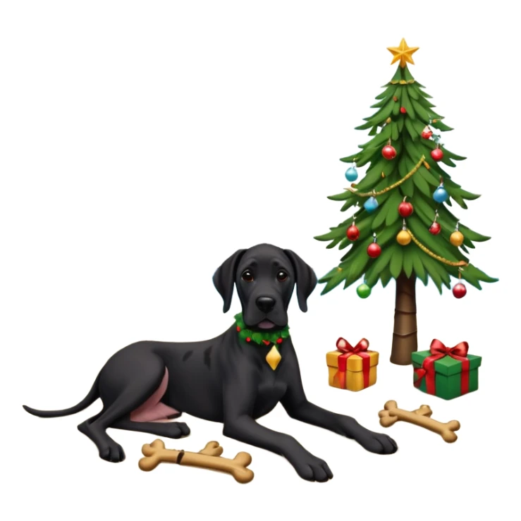Black (no white) cropped Great Dane laying on a tropical beach with a Christmas tree and dog bones under the tree sticker
