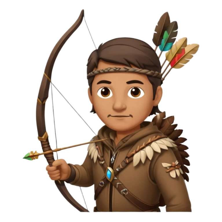 A classic middle-aged hunter with a bow and arrow on his back, dressed in brown clothes and adorned with decorations made of feathers or bone teeth sticker