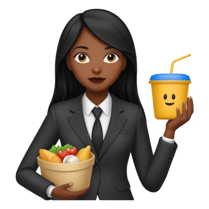 dark long haired woman with suit holding food container sticker