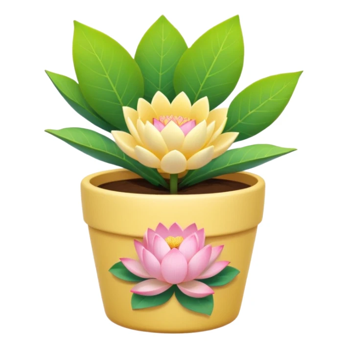 Short, cylindrical ceramic flower pot in pastel yellow, containing a lotus flower plant. sticker