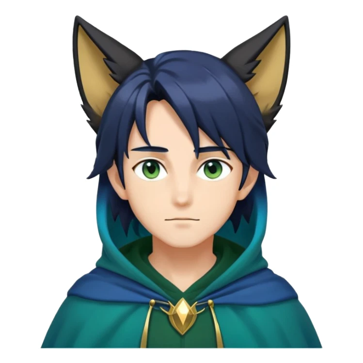 anime man with straight long dark-blue-black-gradient hair, long black fox ears, hazel-gradient-brown-turquoise eyes, gold earring, dark-blue-sweater, green cape,  sticker