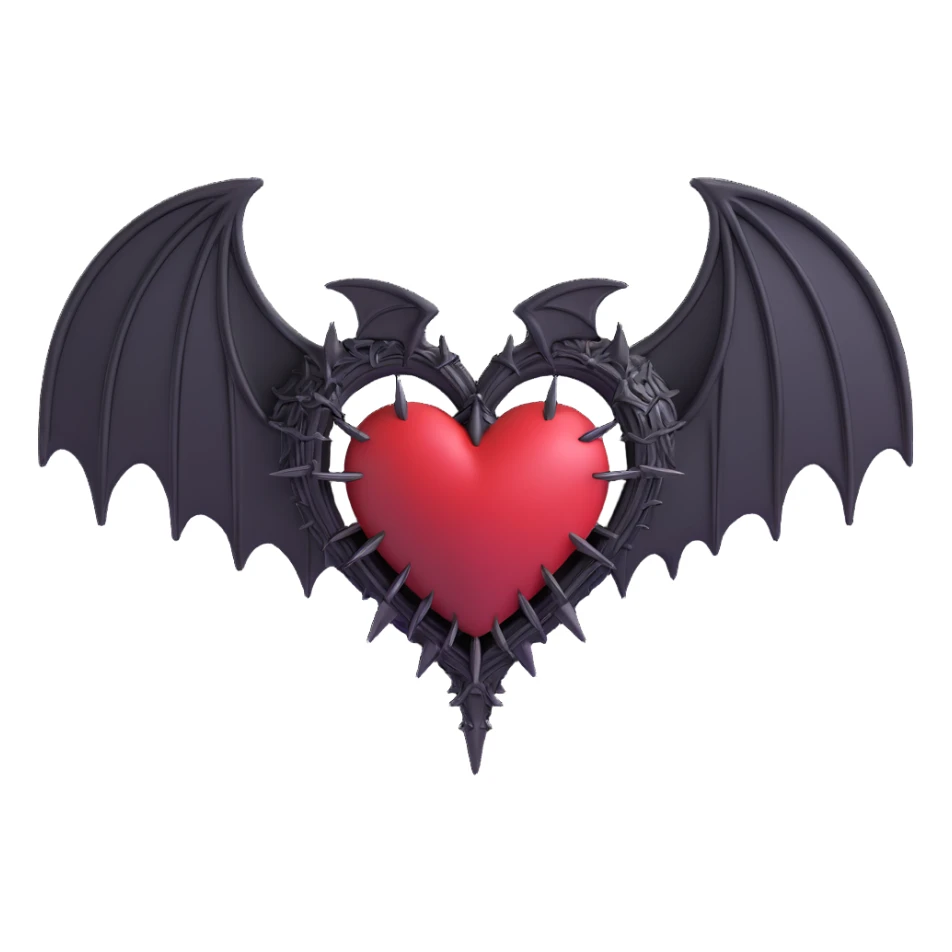 black gothic heart with metallic spikes and gothic bat wings, ornate, dark, elegant sticker
