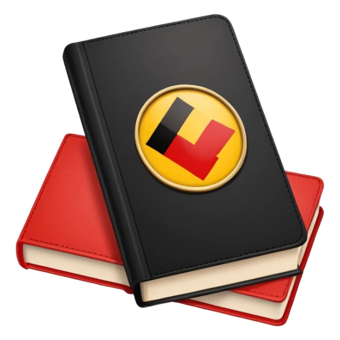 book with a check mark and German flag above it sticker