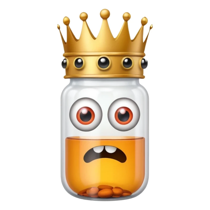 Pill bottle with scary eyes wearing a crown sticker