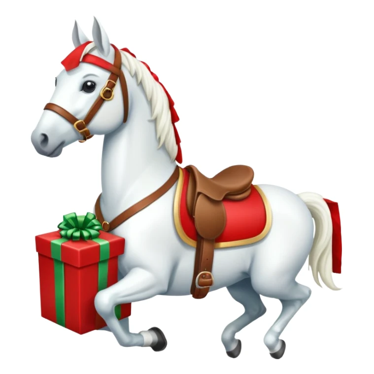 christmas new year's white horse with a red saddle with gift box on saddle sticker