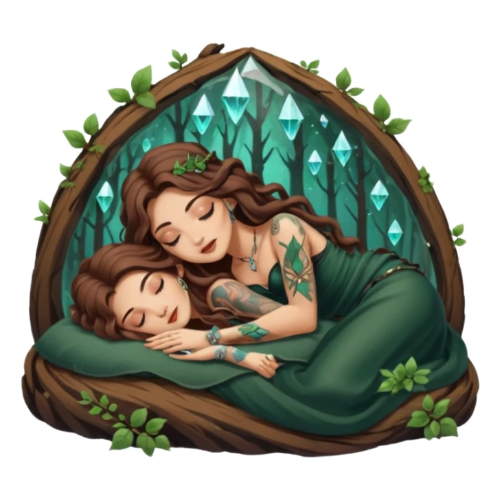 cute forest witch woman long wavy brown hair tattoos napping on crystal sticker