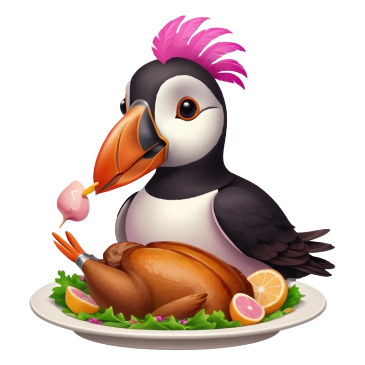 pink puffin that is pink-colored eating roast dinner sticker