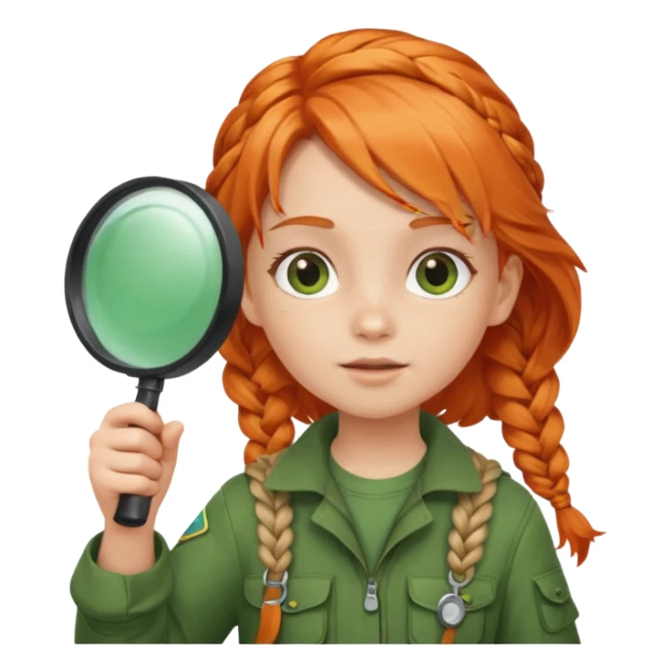 braid orange haired girl kid in green explorer outfit, holding magnifying glass sticker