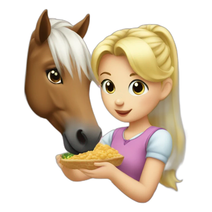 cute blonde girl giving food to a pony sticker