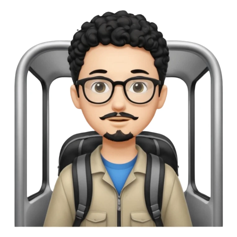 A young boy DEVELOPER WITH A backpack, black curly short hair, wearing glasses, a thin goatee, his skin is white, riding a scholar bus sticker